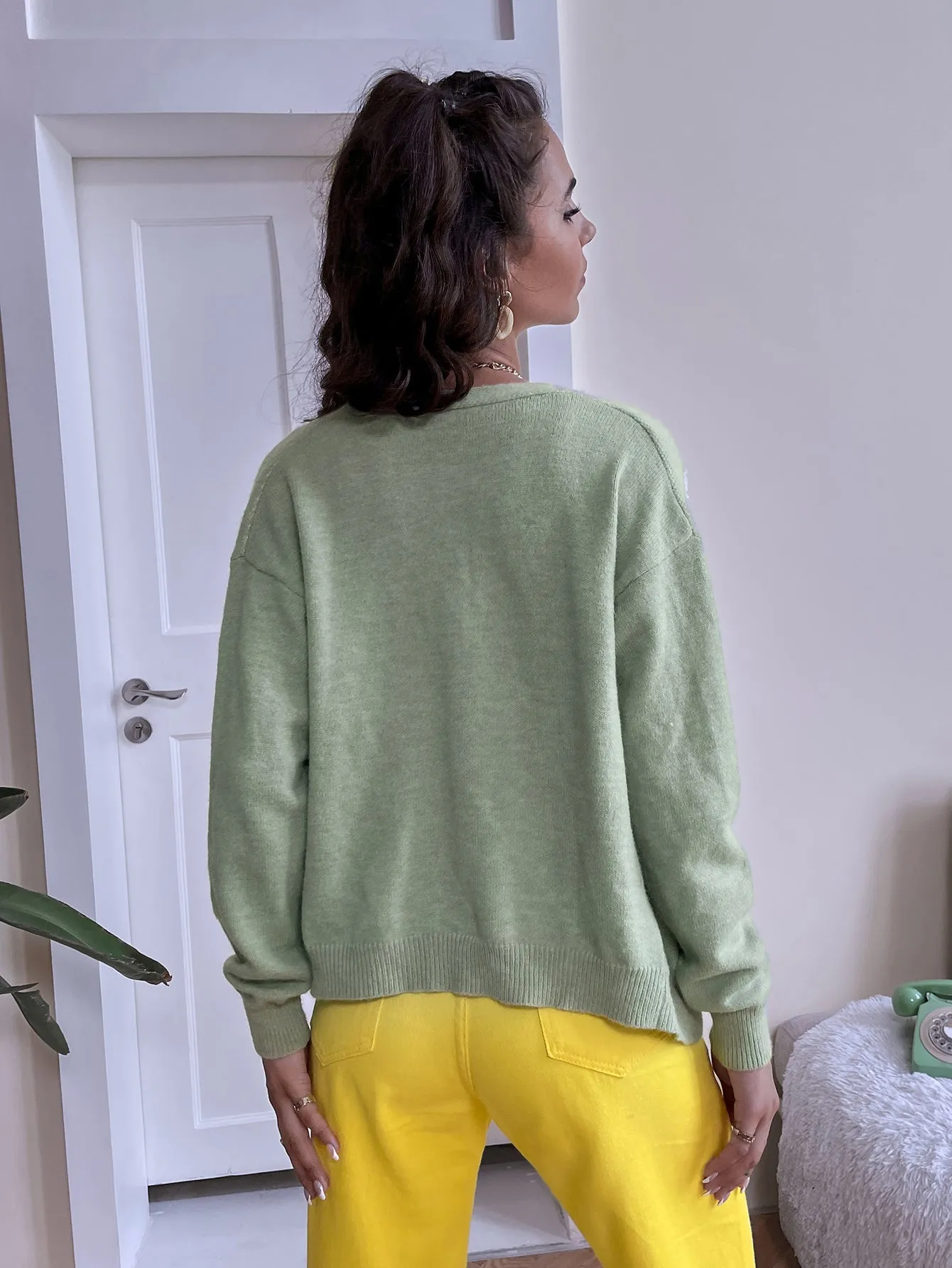Foral Pattern Button-Up Light Green Knitted Cardigan MYZU1348LV