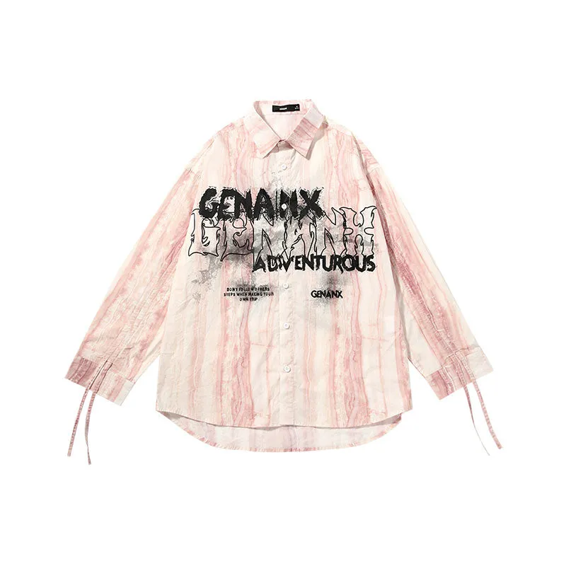 【GENANX2024NEW】Marble-textured ink-letter-printed cotton long-sleeved shirt with pull-up sleeves