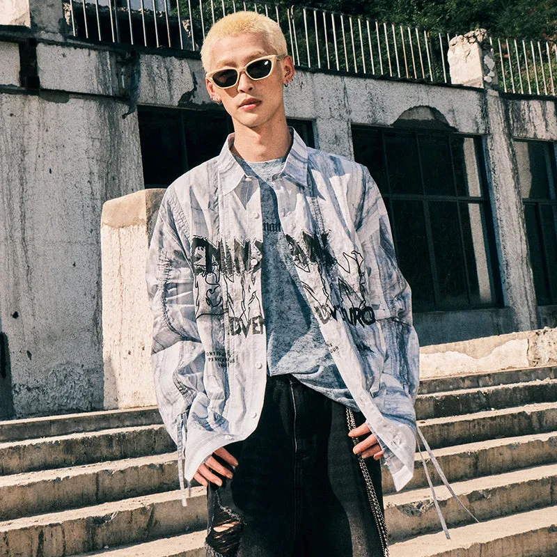 【GENANX2024NEW】Marble-textured ink-letter-printed cotton long-sleeved shirt with pull-up sleeves