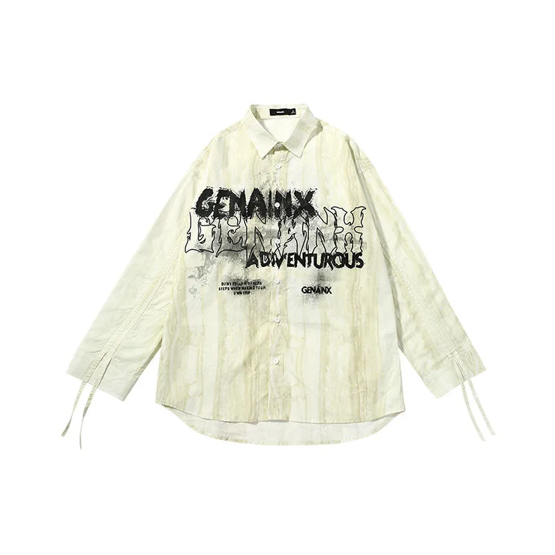 【GENANX2024NEW】Marble-textured ink-letter-printed cotton long-sleeved shirt with pull-up sleeves