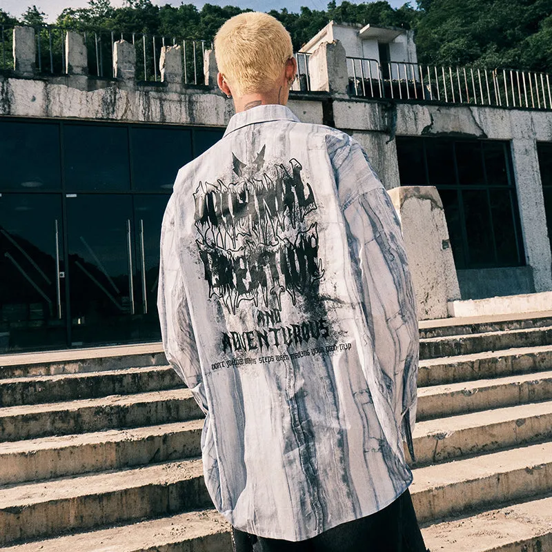 【GENANX2024NEW】Marble-textured ink-letter-printed cotton long-sleeved shirt with pull-up sleeves