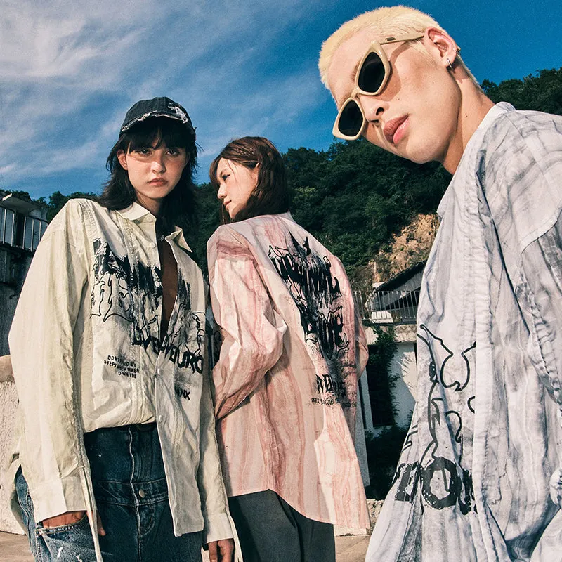 【GENANX2024NEW】Marble-textured ink-letter-printed cotton long-sleeved shirt with pull-up sleeves
