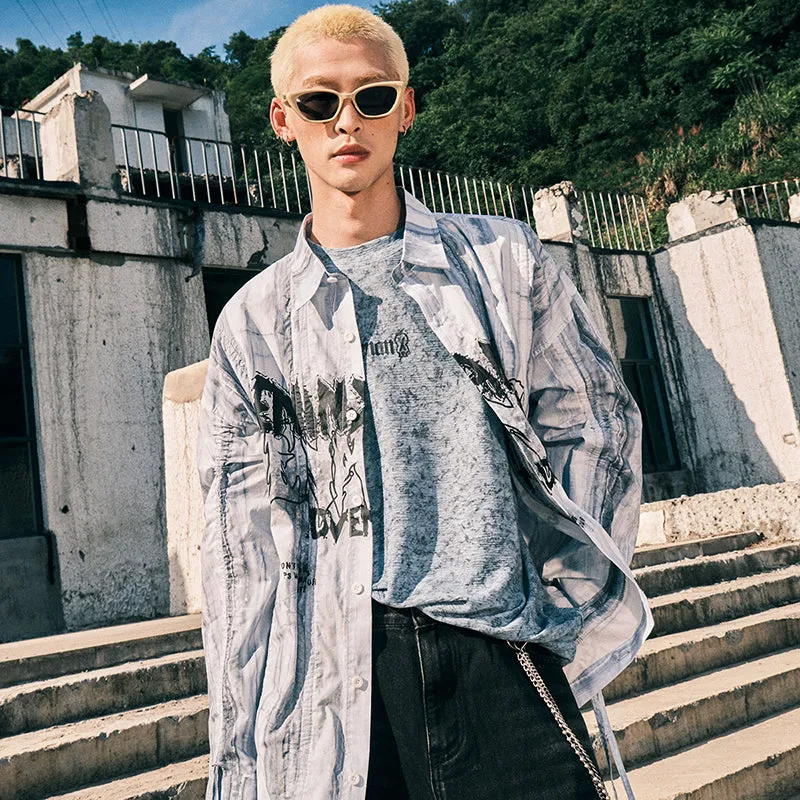 【GENANX2024NEW】Marble-textured ink-letter-printed cotton long-sleeved shirt with pull-up sleeves