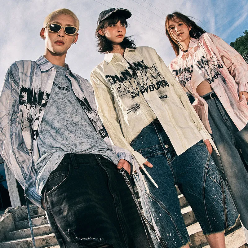 【GENANX2024NEW】Marble-textured ink-letter-printed cotton long-sleeved shirt with pull-up sleeves