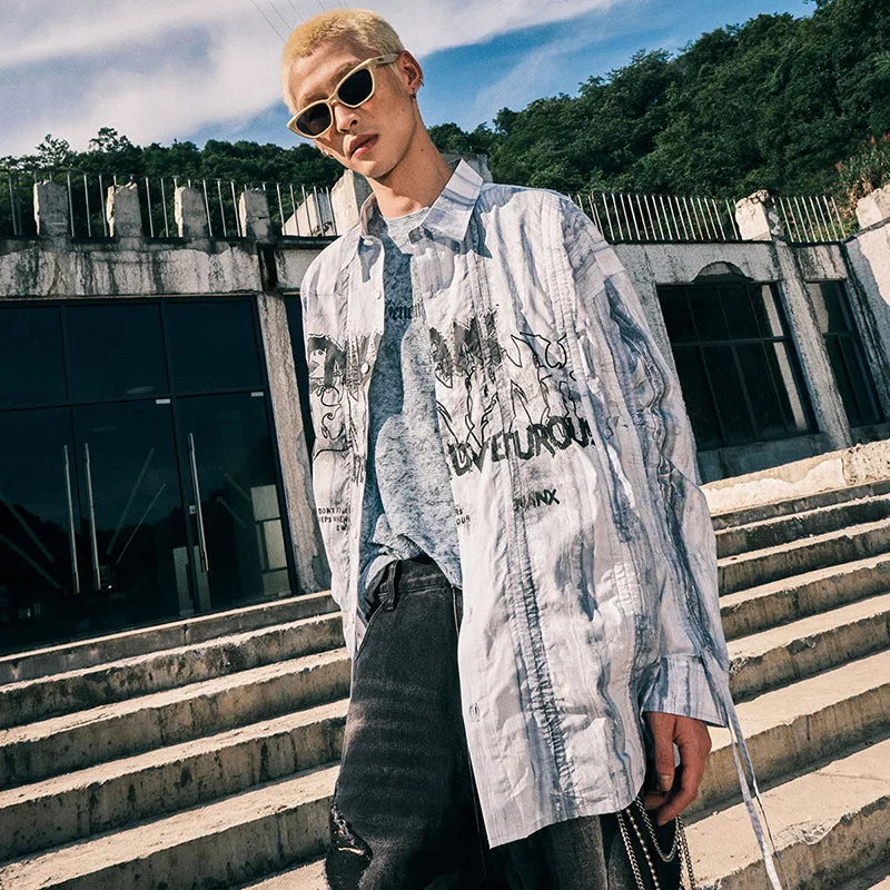 【GENANX2024NEW】Marble-textured ink-letter-printed cotton long-sleeved shirt with pull-up sleeves