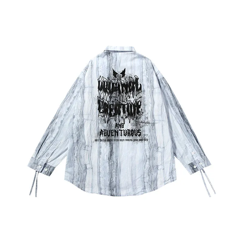 【GENANX2024NEW】Marble-textured ink-letter-printed cotton long-sleeved shirt with pull-up sleeves