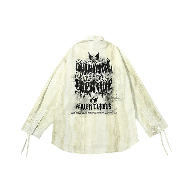 【GENANX2024NEW】Marble-textured ink-letter-printed cotton long-sleeved shirt with pull-up sleeves