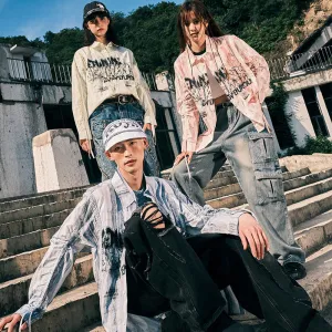 【GENANX2024NEW】Marble-textured ink-letter-printed cotton long-sleeved shirt with pull-up sleeves