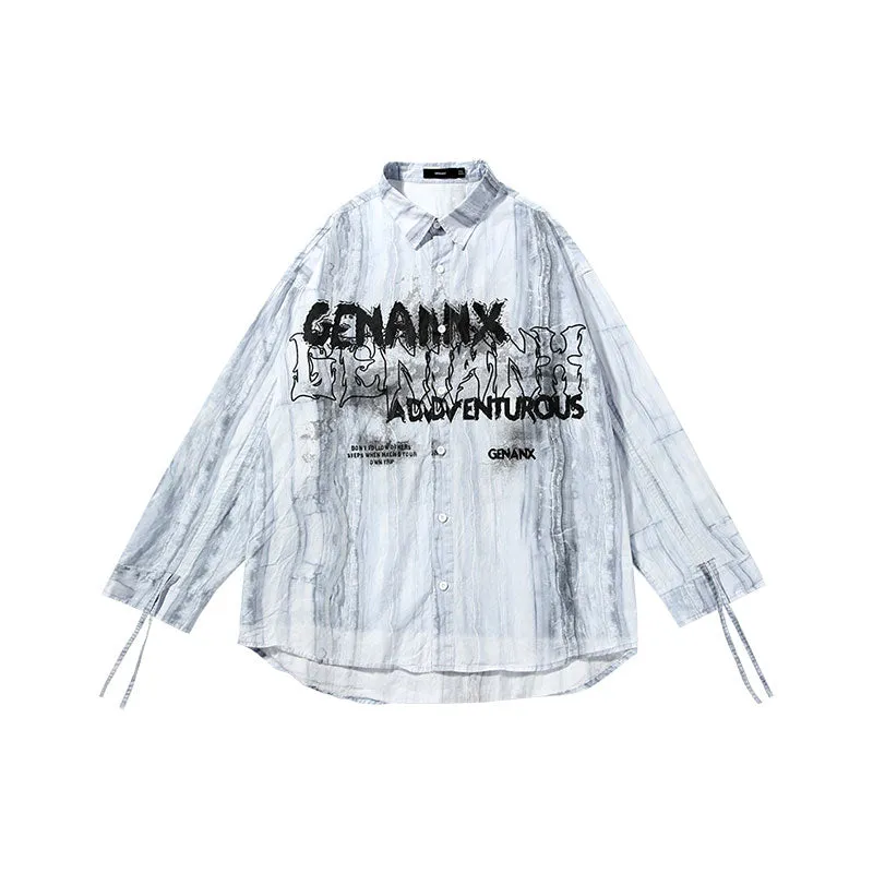 【GENANX2024NEW】Marble-textured ink-letter-printed cotton long-sleeved shirt with pull-up sleeves