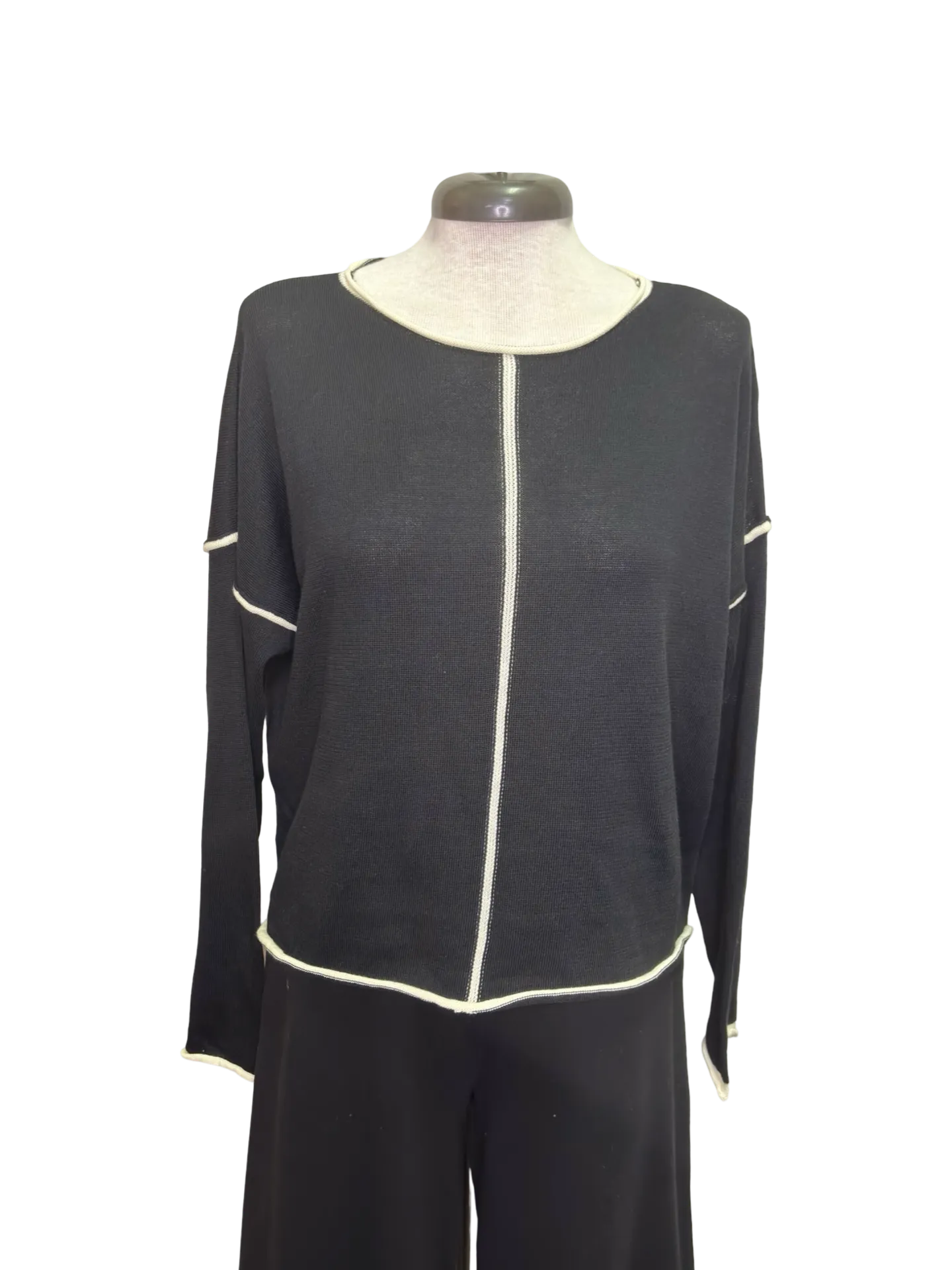 Gibraltar Wide Sleeve Knit with Contrast Trim Top Black/Cream