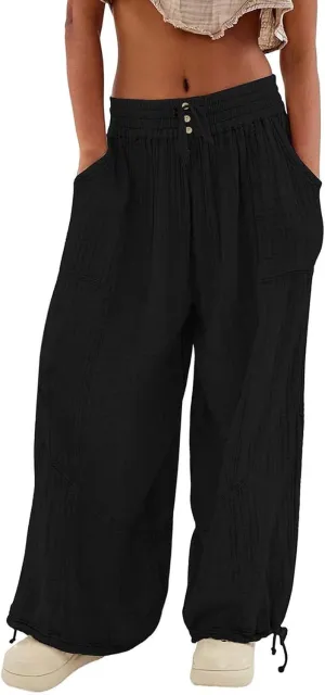 GIERIDUC Womens Casual Loose Fit Wide LegSummer Beach Drawstring Y2K Trendy Baggy Pants Trousers with Pockets