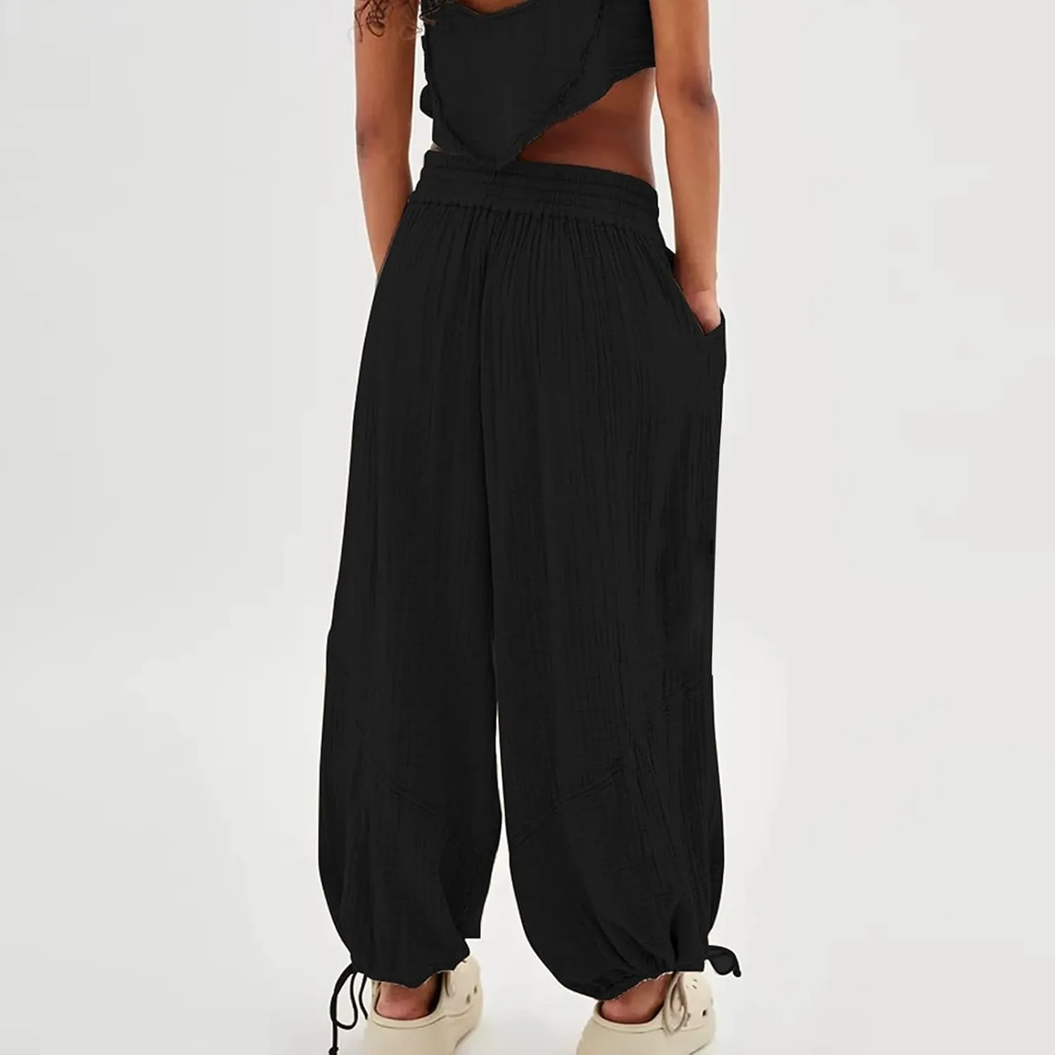 GIERIDUC Womens Casual Loose Fit Wide LegSummer Beach Drawstring Y2K Trendy Baggy Pants Trousers with Pockets