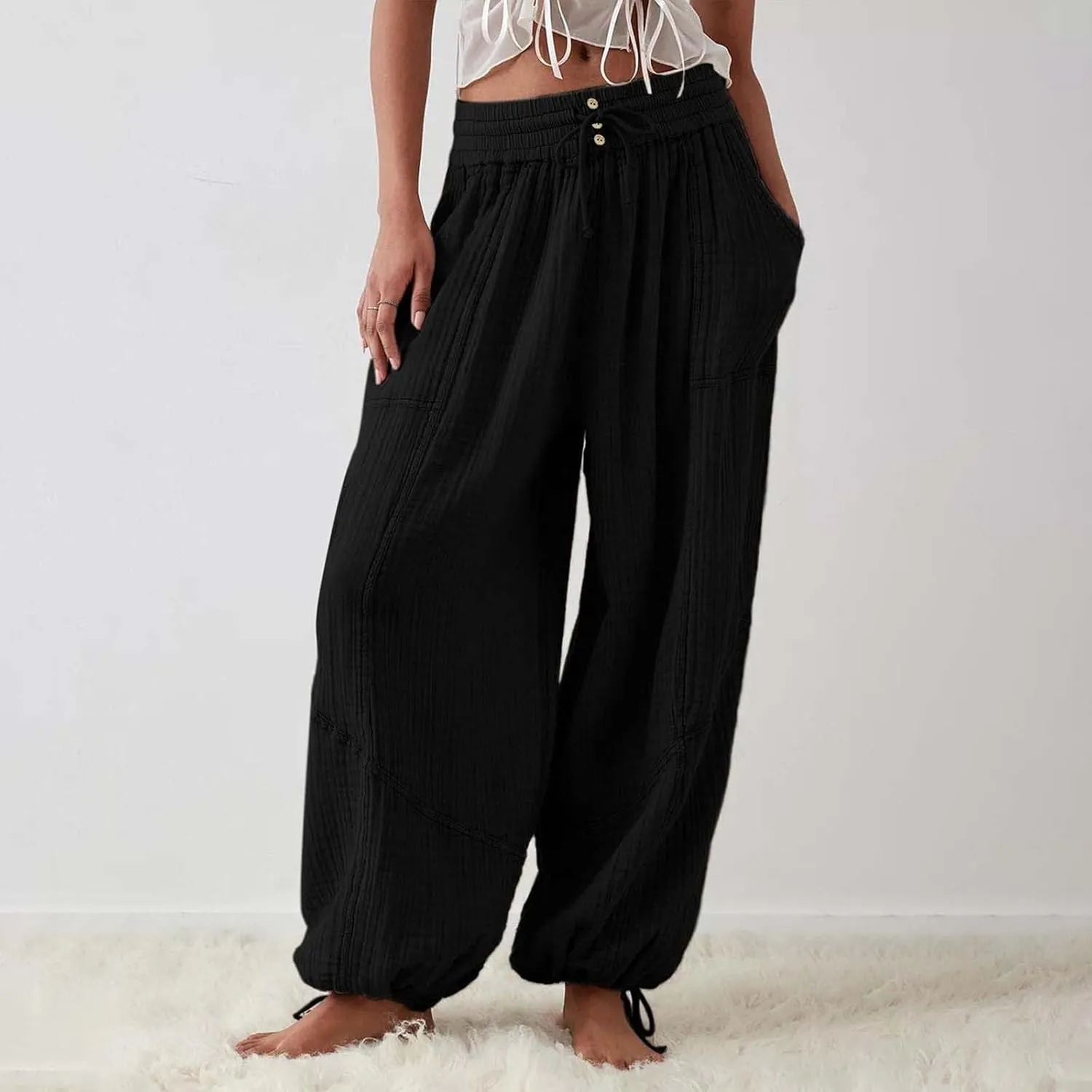 GIERIDUC Womens Casual Loose Fit Wide LegSummer Beach Drawstring Y2K Trendy Baggy Pants Trousers with Pockets