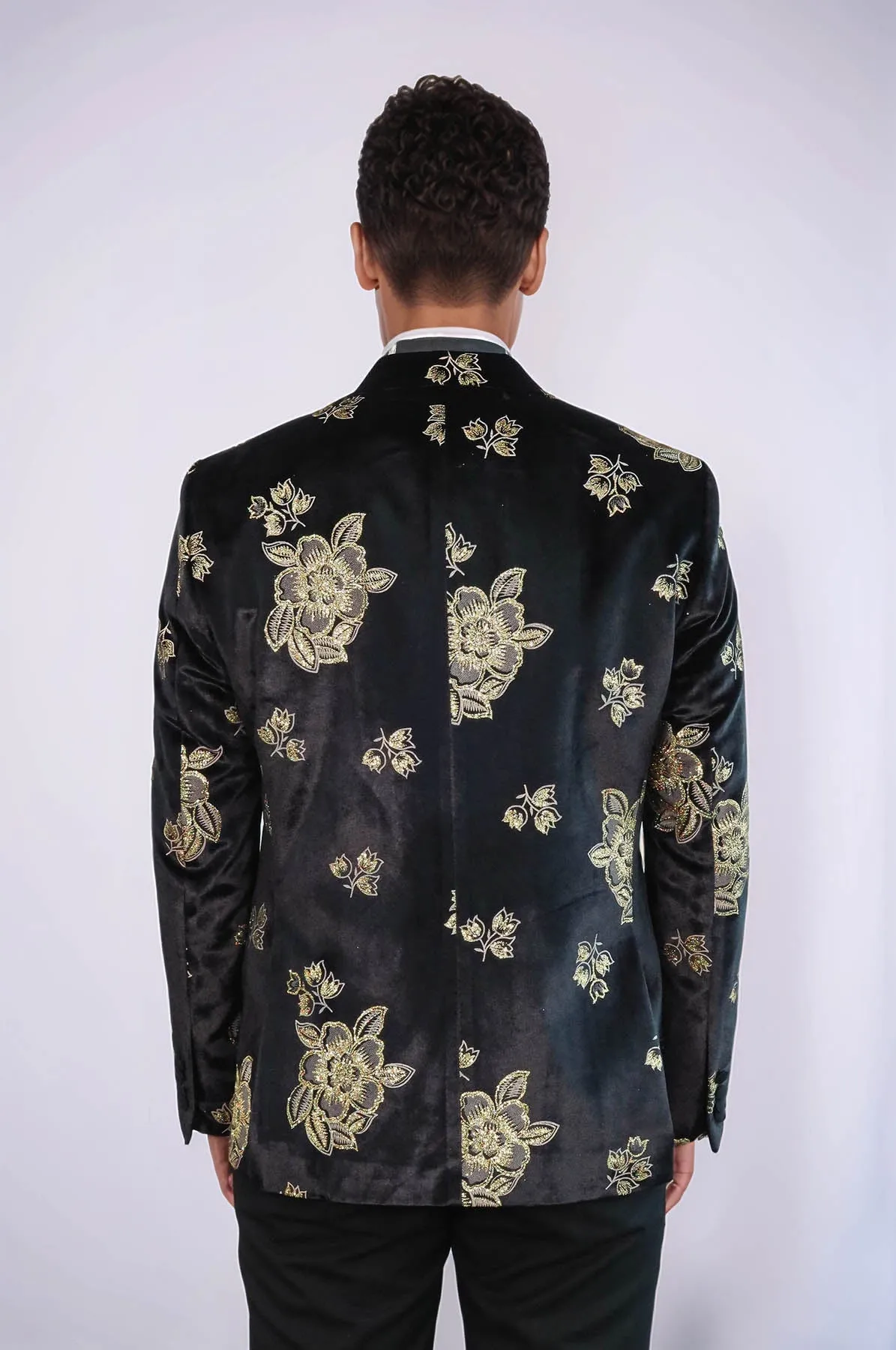 Gold Floral Patterned Shiny Black Men Prom Blazer and Trousers Combination Suit- Wessi