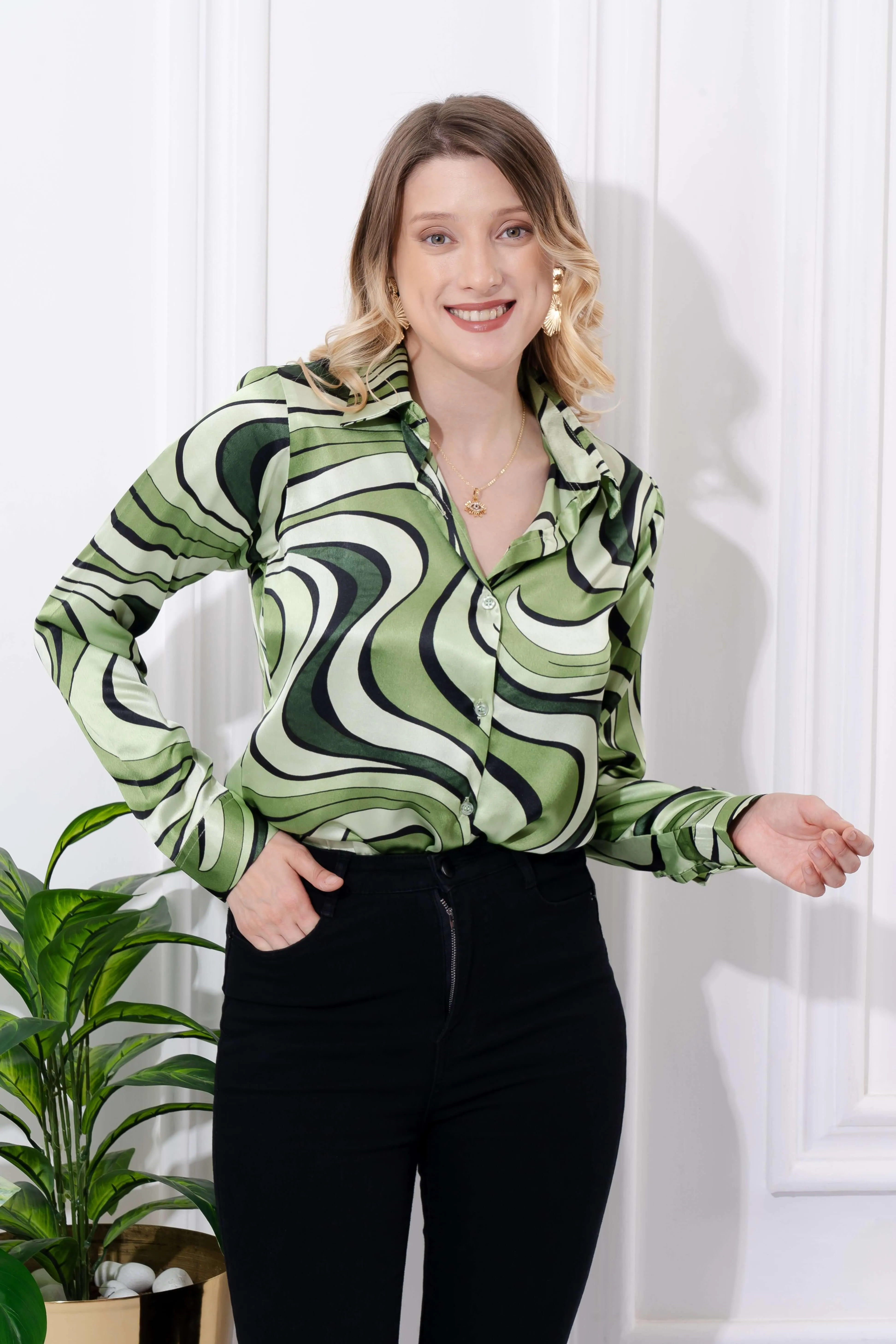 Green Swirl Print Satin Shirt