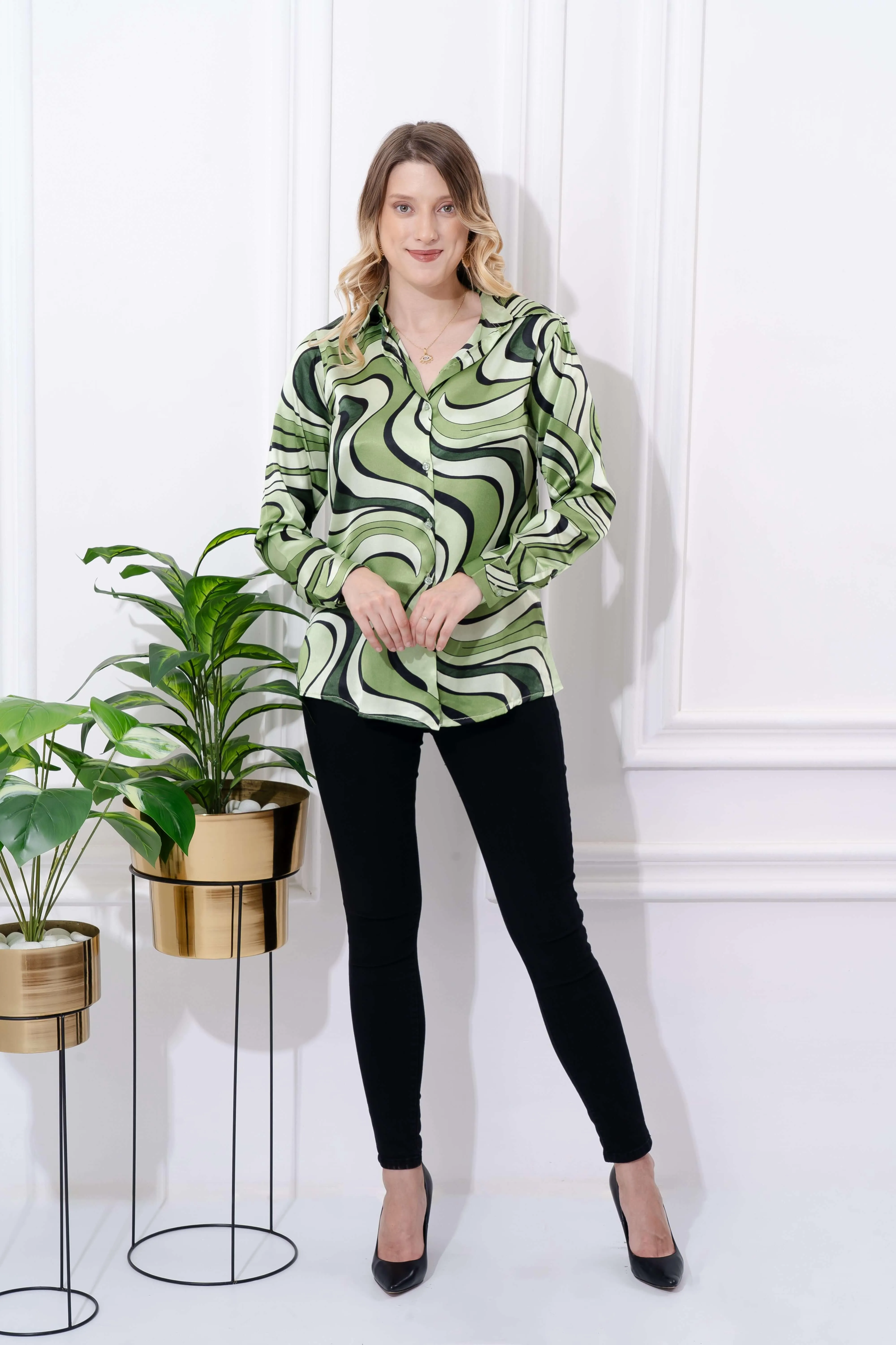 Green Swirl Print Satin Shirt