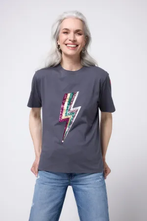Grey with Multi Coloured Sequin and Foil Lightning Bolt T-Shirt