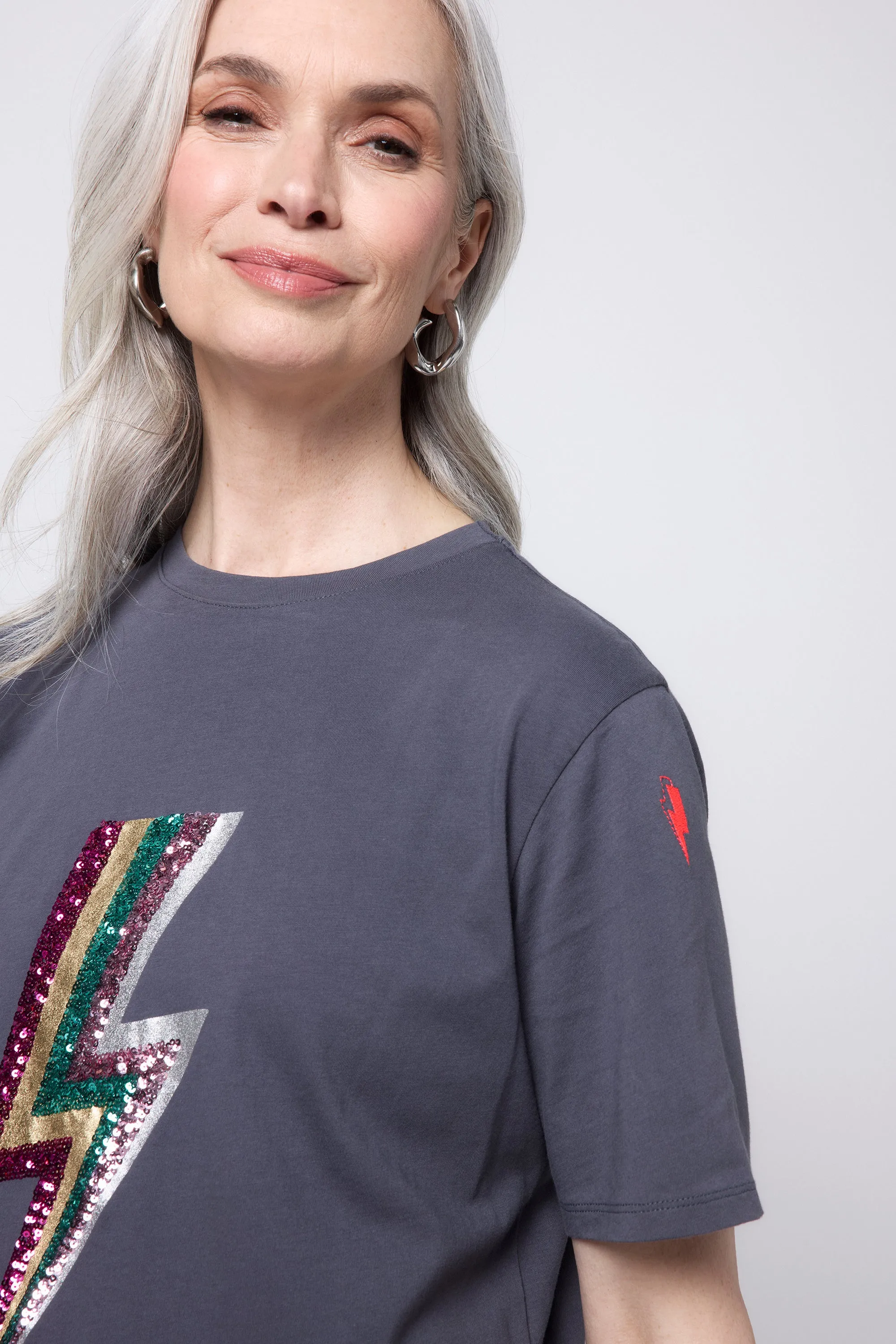 Grey with Multi Coloured Sequin and Foil Lightning Bolt T-Shirt
