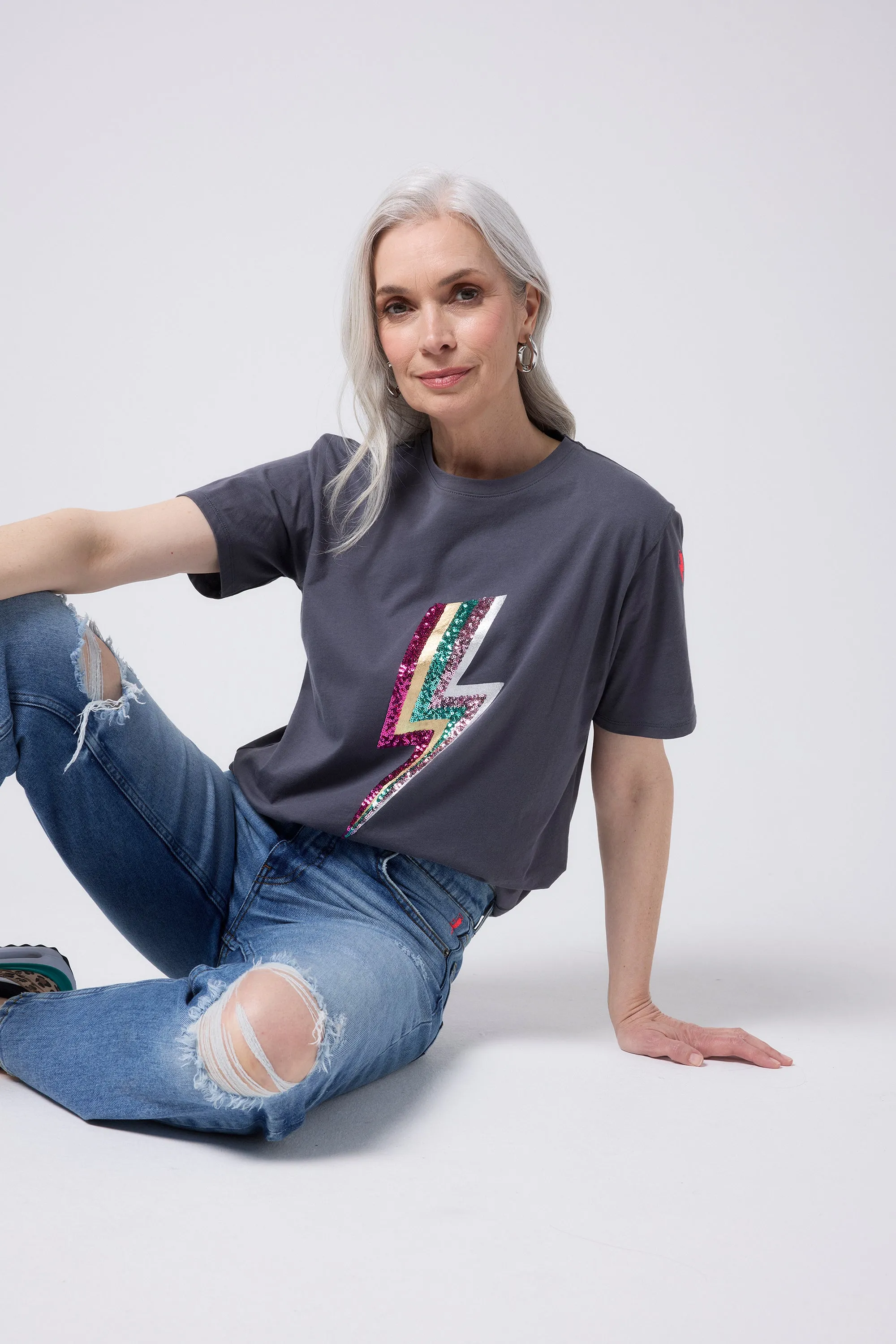 Grey with Multi Coloured Sequin and Foil Lightning Bolt T-Shirt