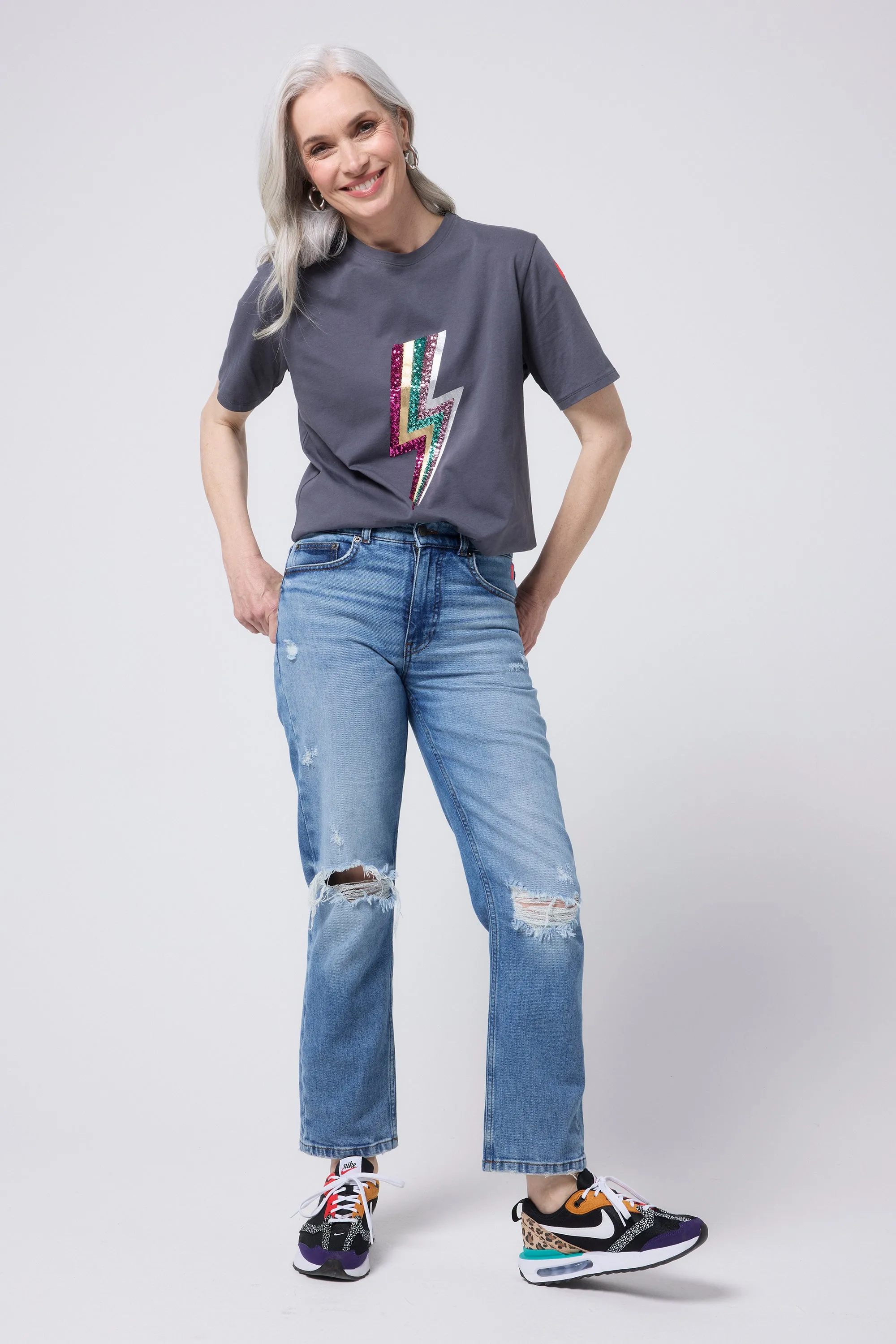 Grey with Multi Coloured Sequin and Foil Lightning Bolt T-Shirt