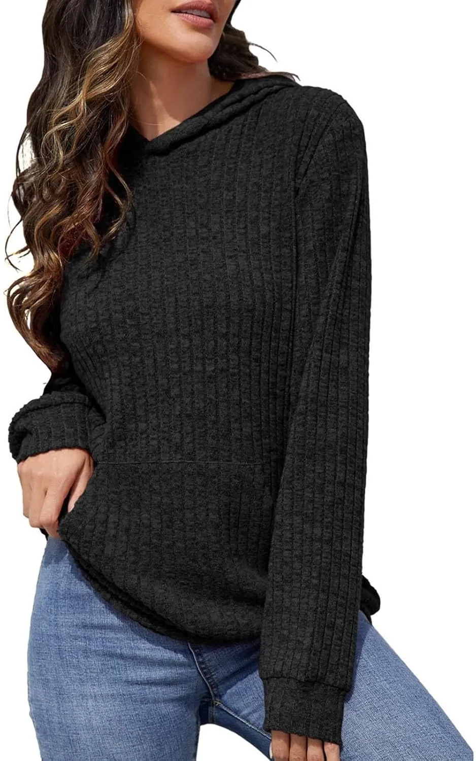 Gumipy Women Oversized Hoodie Long Sleeve Knit Sweater Sweatshirt Vintage Tunic Hoodies Tops with Pocket Comfy Winter Coats