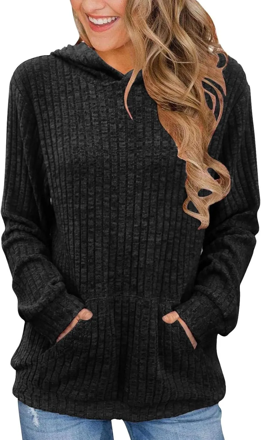 Gumipy Women Oversized Hoodie Long Sleeve Knit Sweater Sweatshirt Vintage Tunic Hoodies Tops with Pocket Comfy Winter Coats