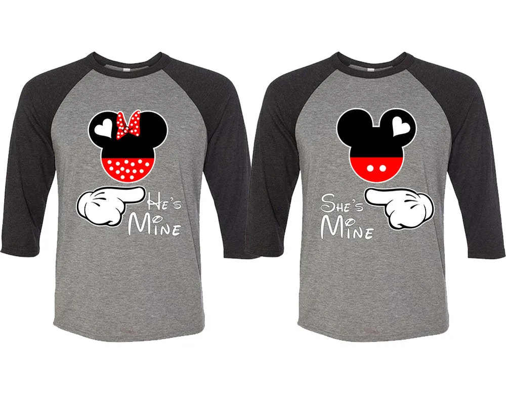 He's Mine & She's Mine Matching Couple Baseball T-Shirts – 3/4 Sleeve Contrast Raglan Tees Sold Separately