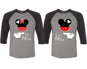 He's Mine & She's Mine Matching Couple Baseball T-Shirts – 3/4 Sleeve Contrast Raglan Tees Sold Separately