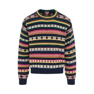 Jacquard Wool Knit Jumper in Midnight Blue