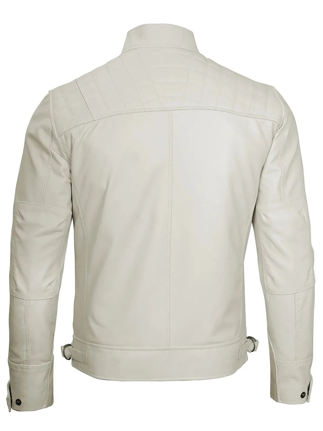 Johnson Mens Off White Quilted Cafe Racer Leather Jacket