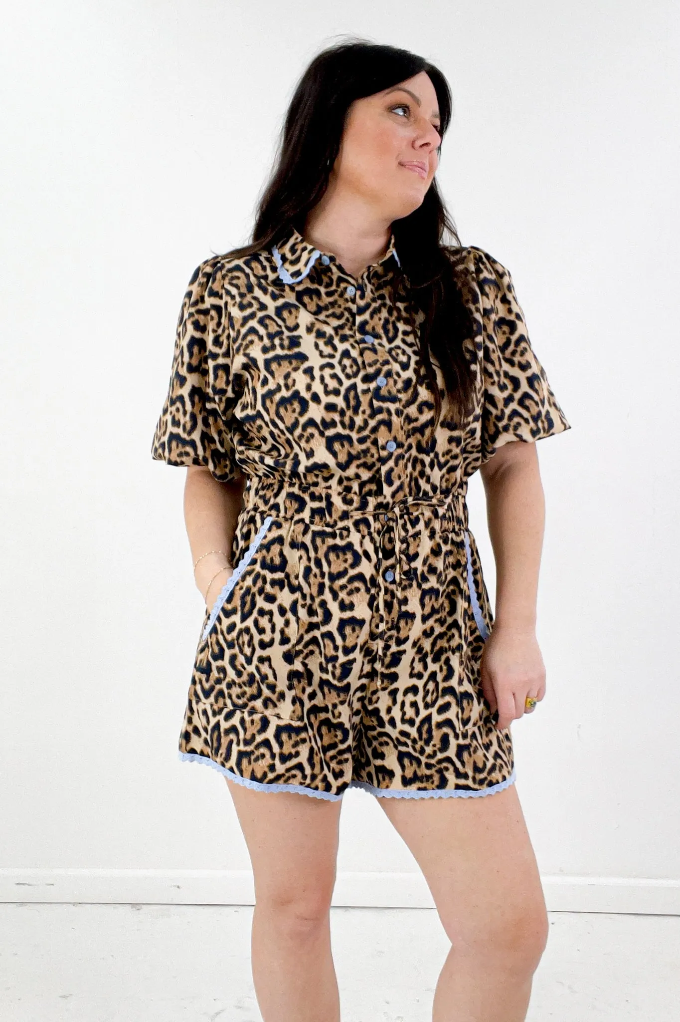 Lace Trim Leopard Print Romper