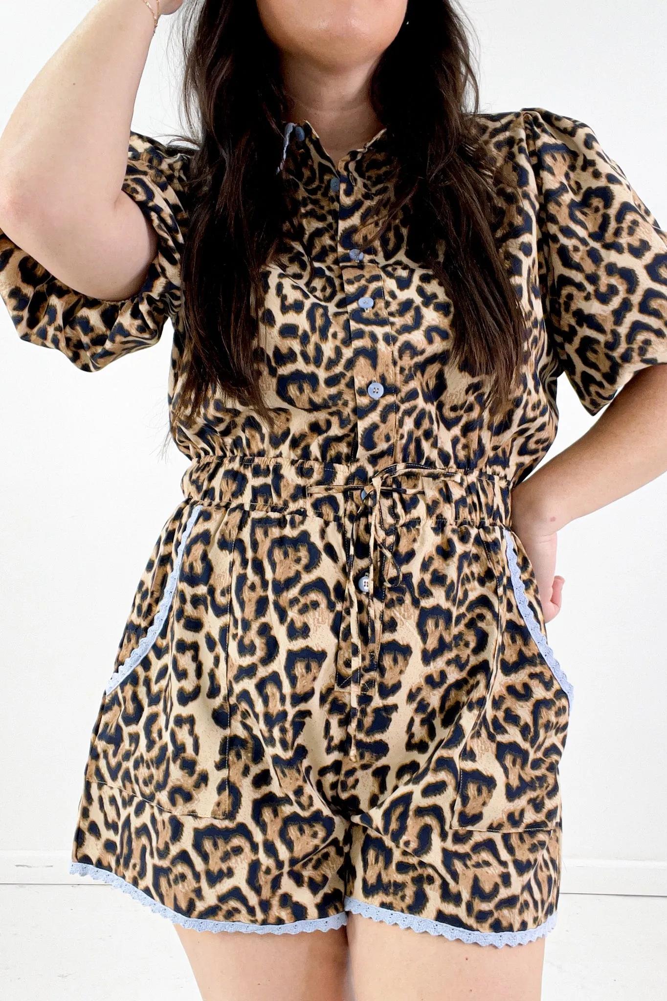 Lace Trim Leopard Print Romper