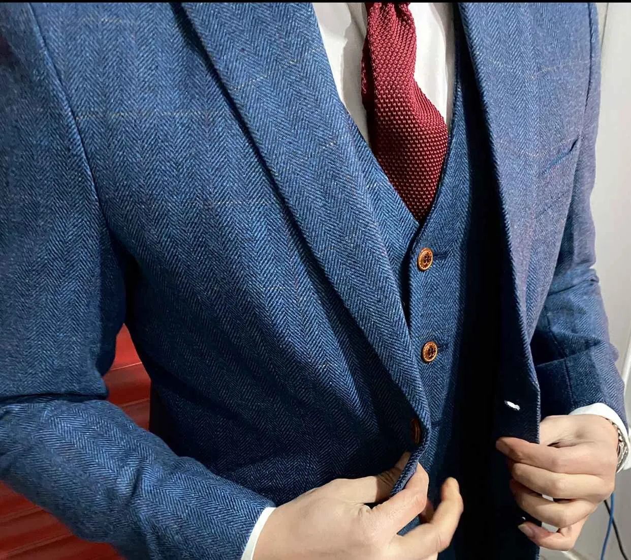 Larger Blinder Blue Estate Herringbone Tweed 3 Piece Suit (Plus Size)