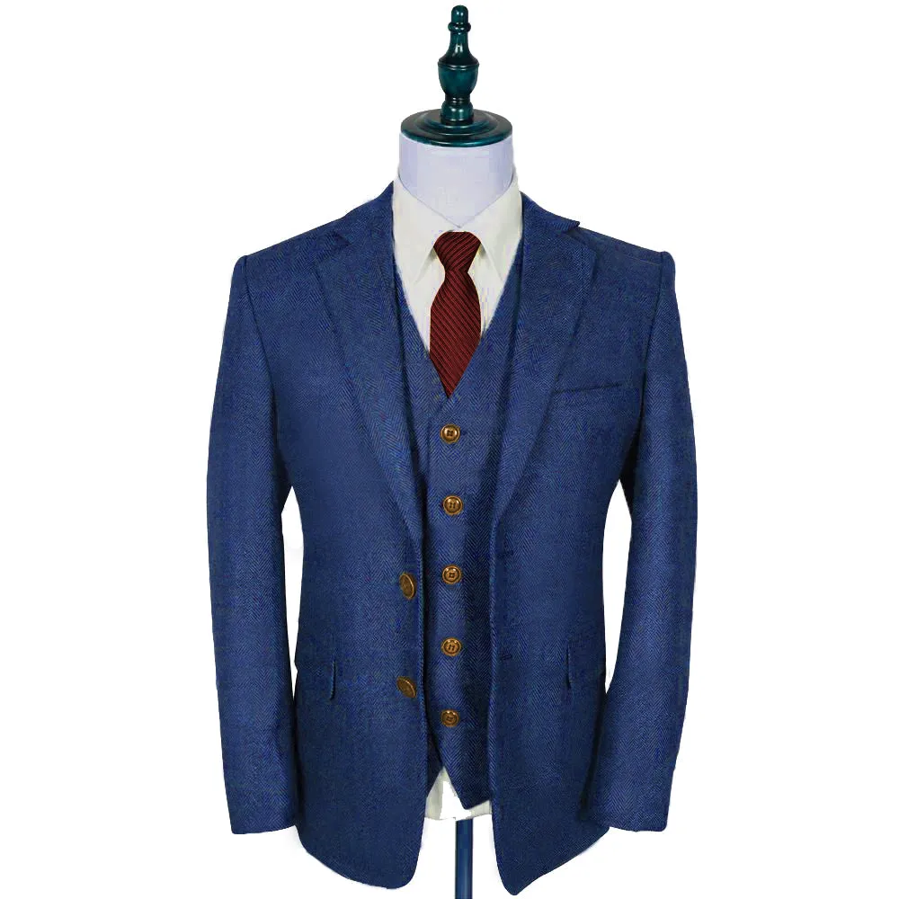 Larger Blinder Blue Estate Herringbone Tweed 3 Piece Suit (Plus Size)