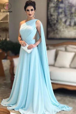 Light Blue One Shoulder Chiffon Formal Dresses Pleats Sheer Illusion Back Prom Gown KPP0466