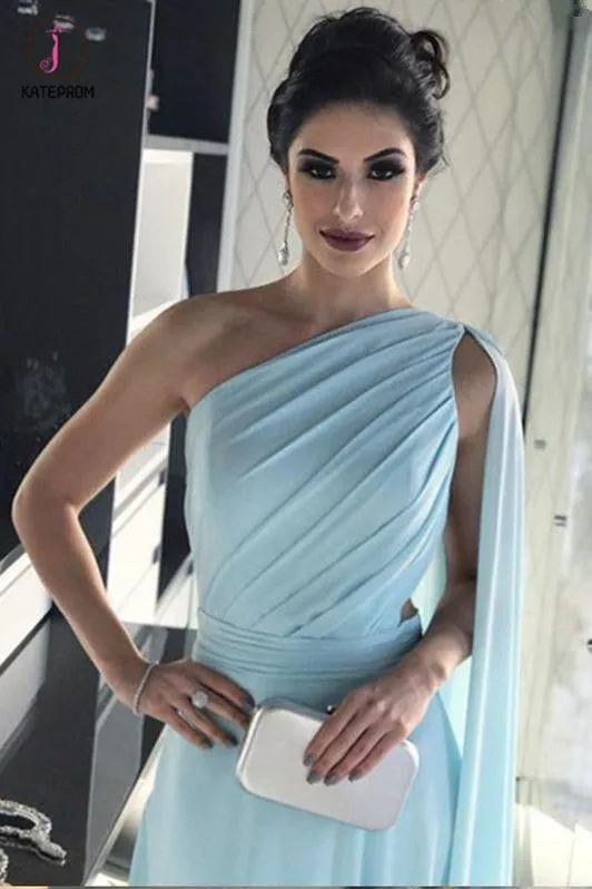 Light Blue One Shoulder Chiffon Formal Dresses Pleats Sheer Illusion Back Prom Gown KPP0466