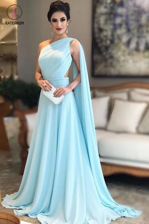Light Blue One Shoulder Chiffon Formal Dresses Pleats Sheer Illusion Back Prom Gown KPP0466