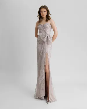 Light Lilac Strapless Beaded Mesh Dress