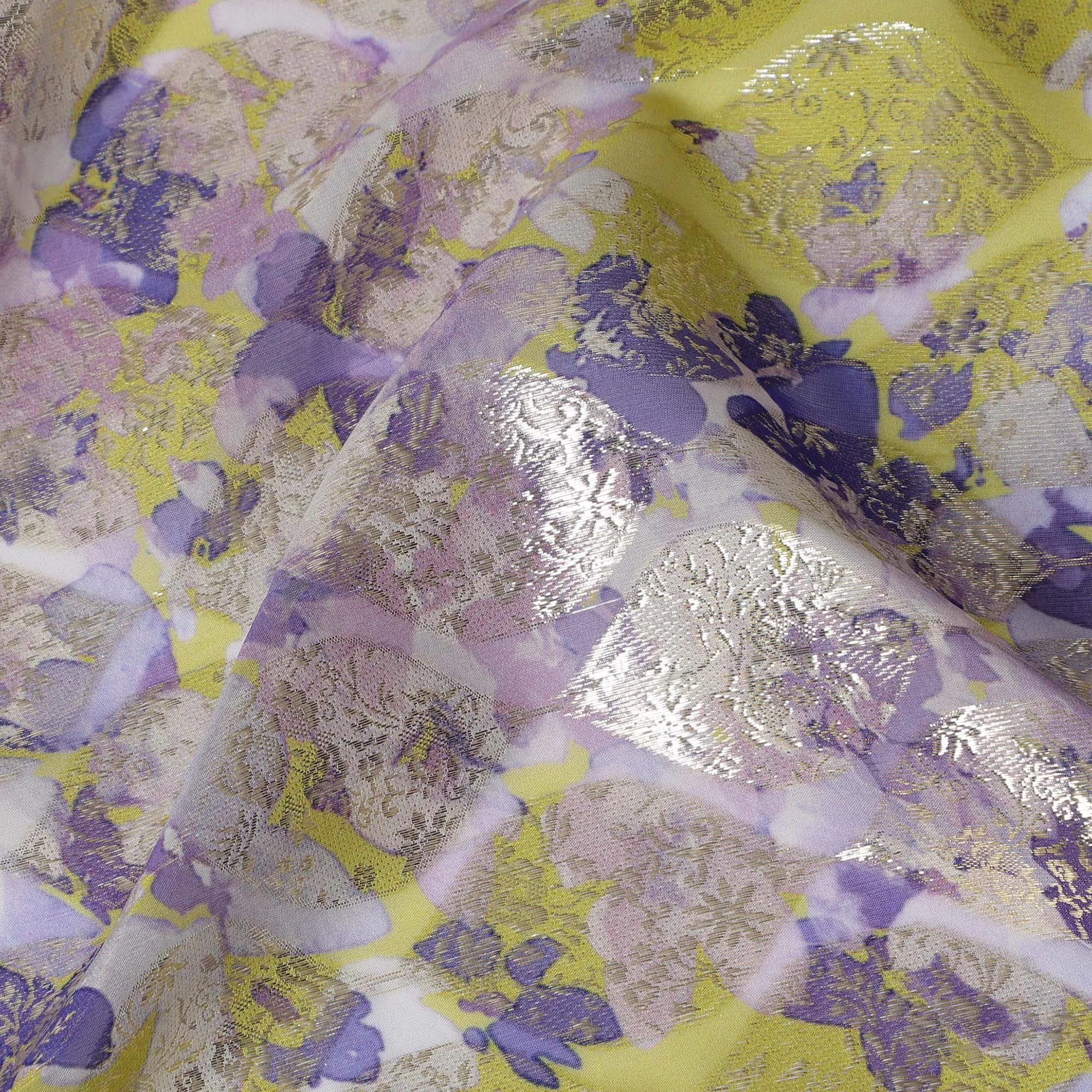 Lime Yellow Floral Silk Chiffon Fabric with Metallic Lurex, Width 140 cm, South Korea-D21274