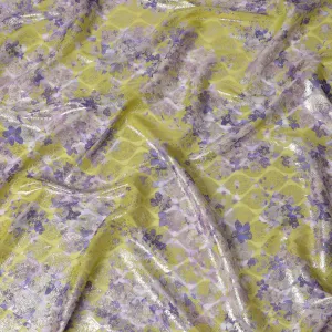 Lime Yellow Floral Silk Chiffon Fabric with Metallic Lurex, Width 140 cm, South Korea-D21274