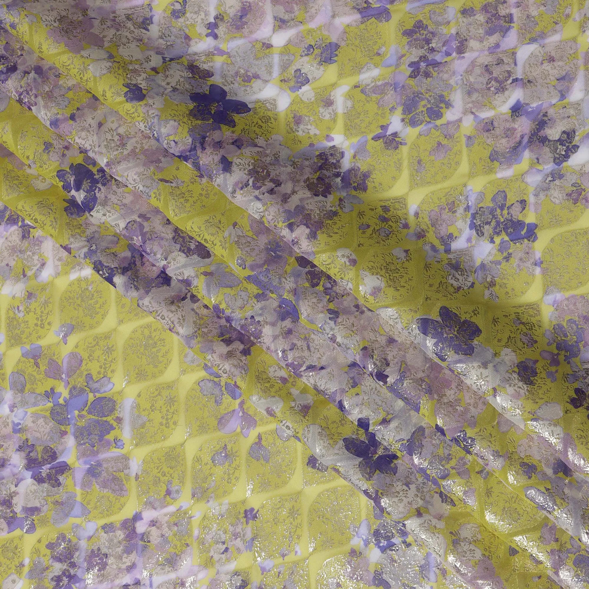 Lime Yellow Floral Silk Chiffon Fabric with Metallic Lurex, Width 140 cm, South Korea-D21274