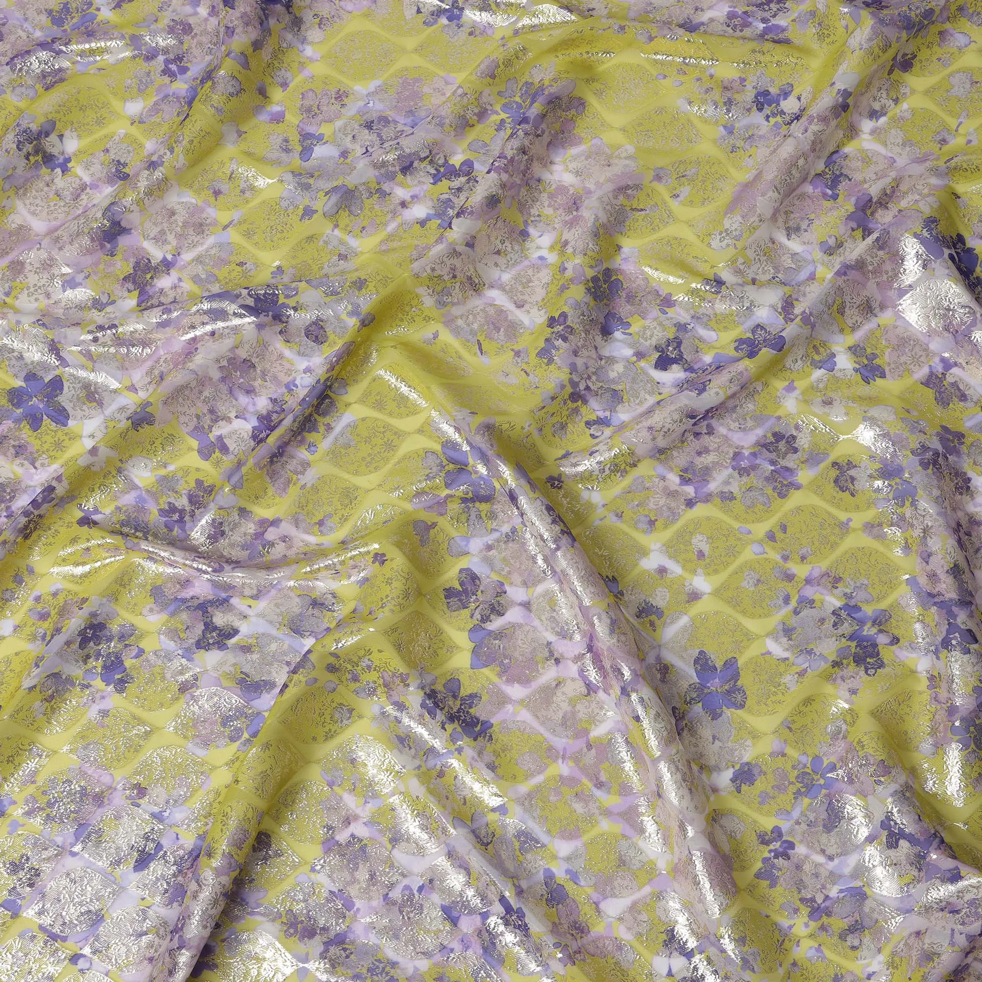 Lime Yellow Floral Silk Chiffon Fabric with Metallic Lurex, Width 140 cm, South Korea-D21274