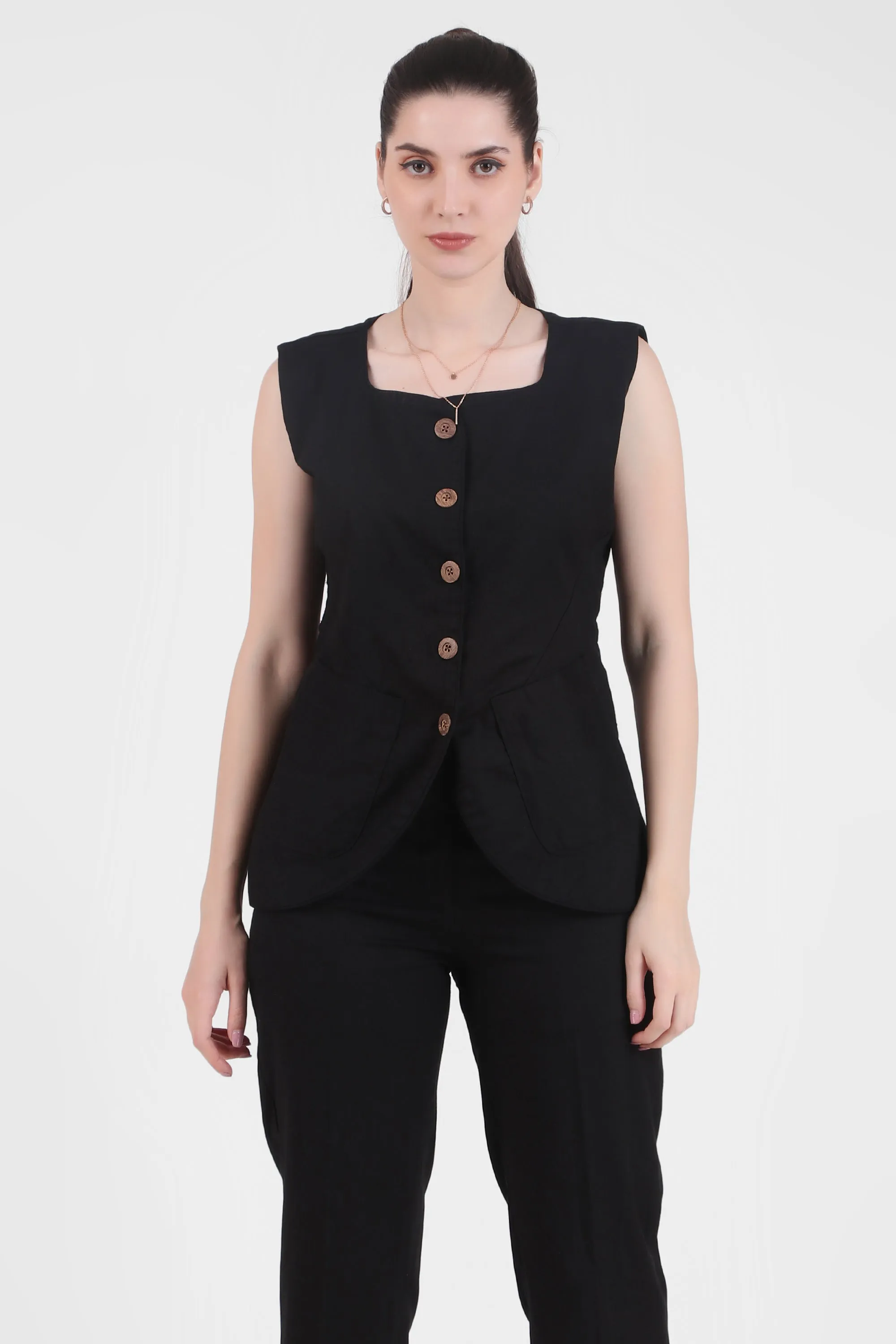 Linen Blend Vest Style Top with Straight Pants, Black