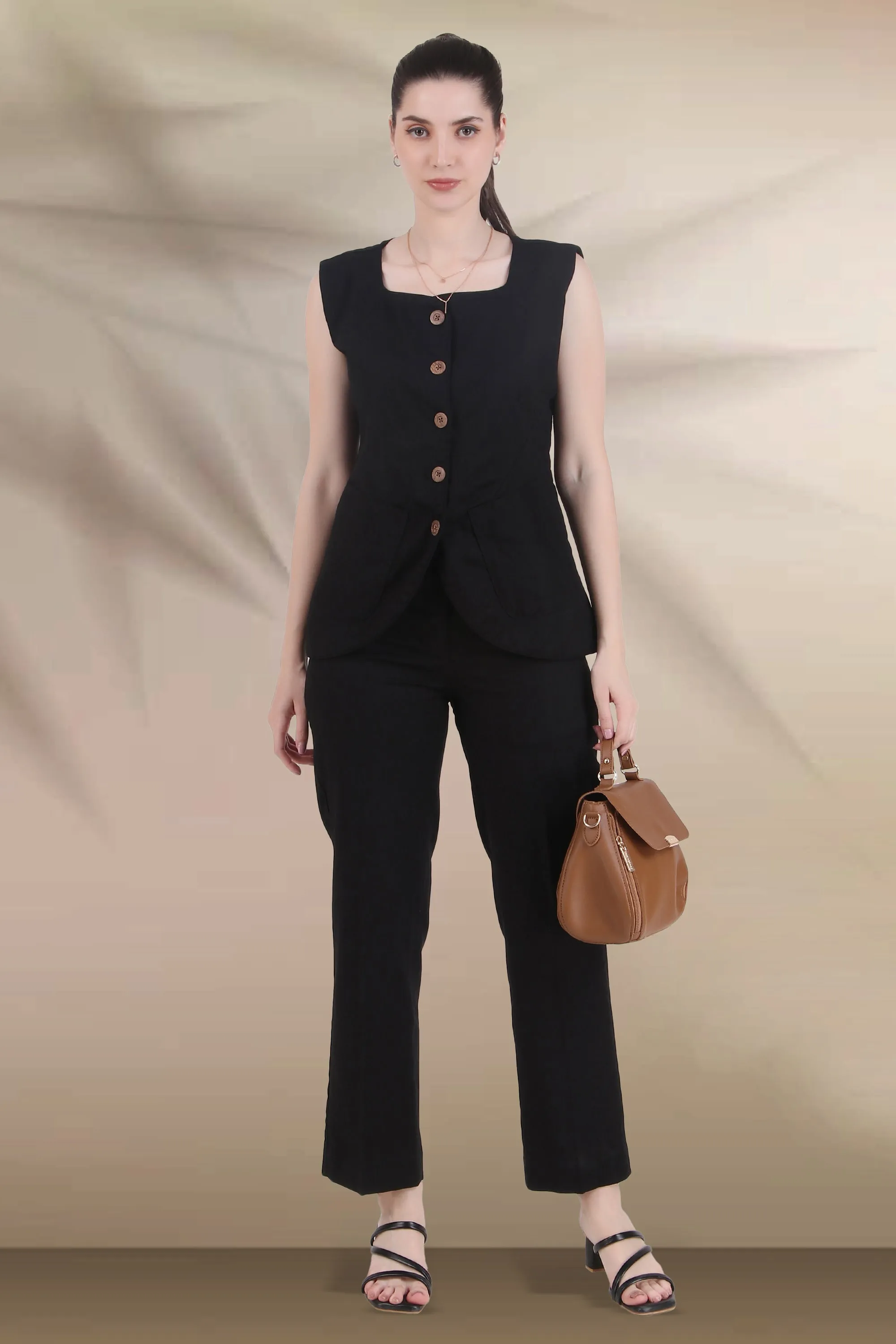 Linen Blend Vest Style Top with Straight Pants, Black