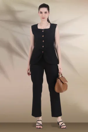 Linen Blend Vest Style Top with Straight Pants, Black