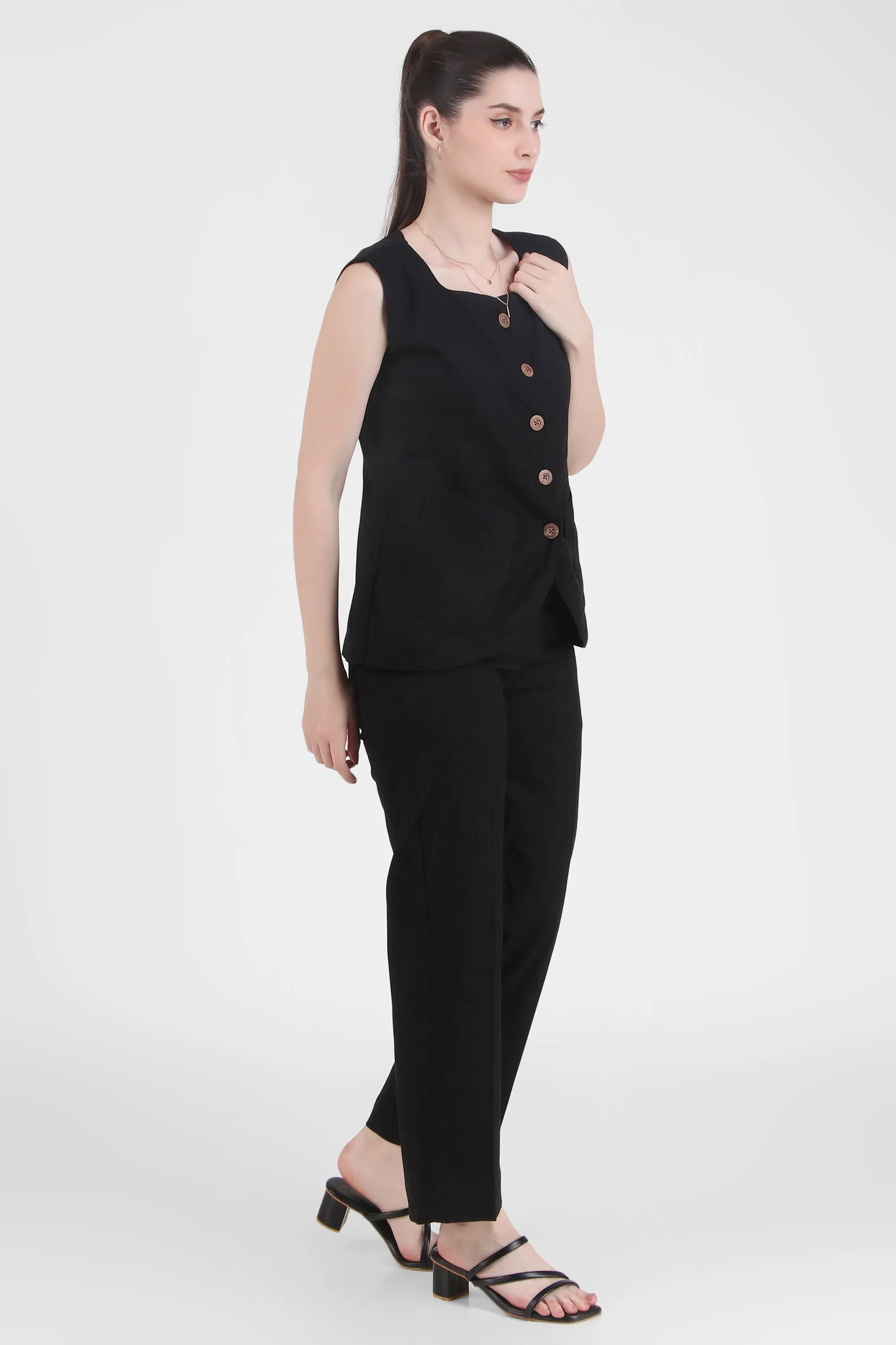 Linen Blend Vest Style Top with Straight Pants, Black