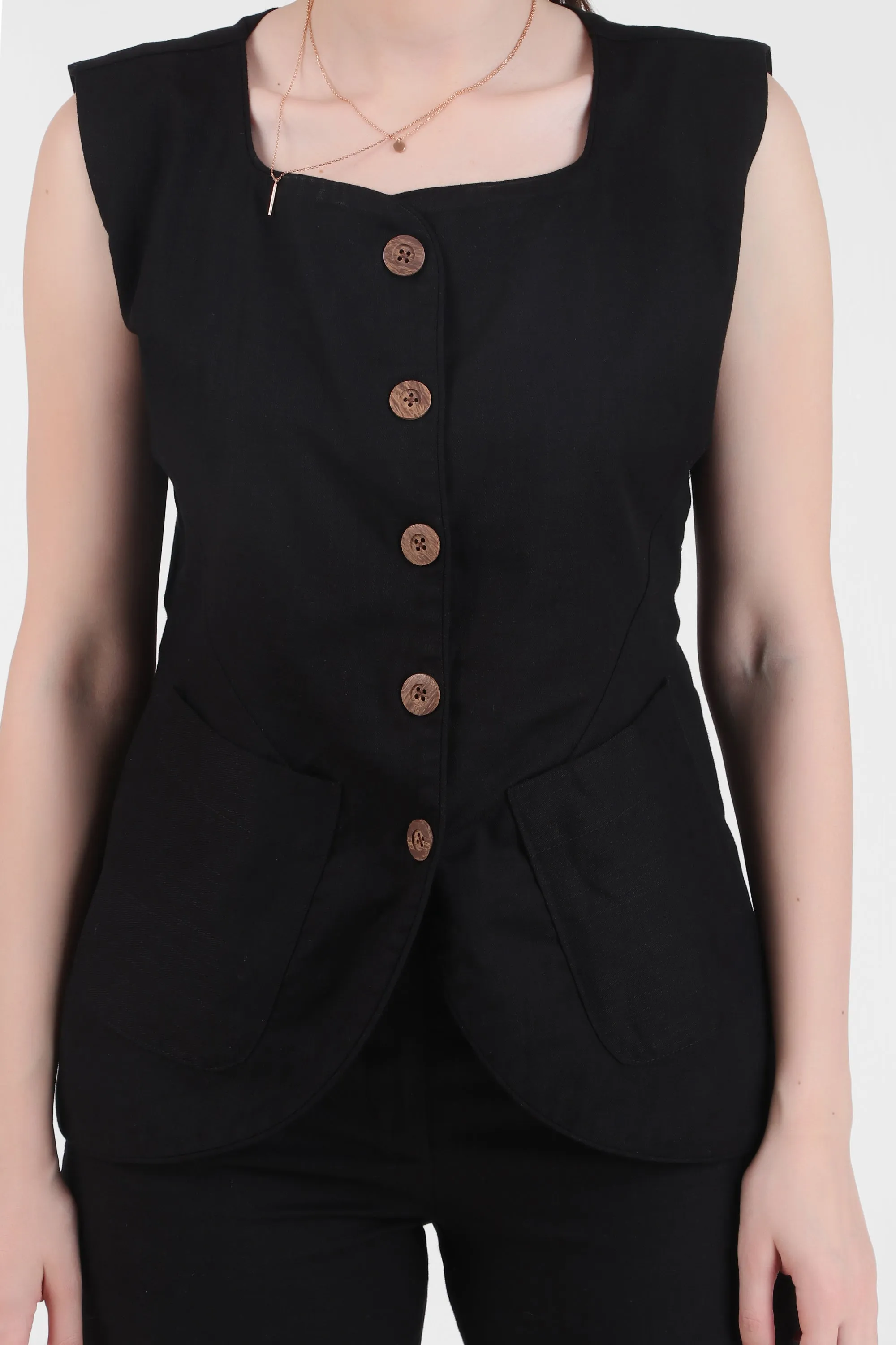 Linen Blend Vest Style Top with Straight Pants, Black