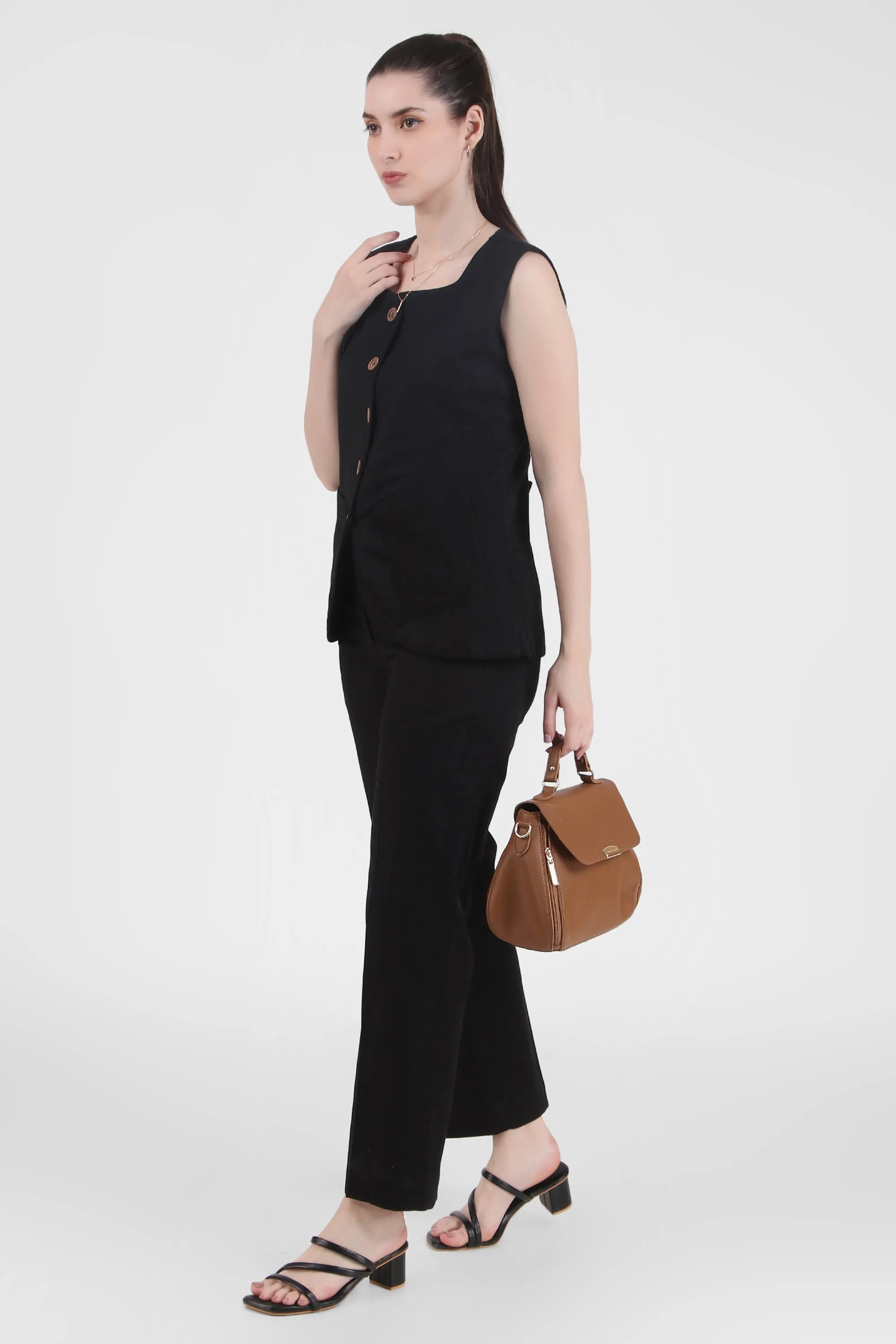 Linen Blend Vest Style Top with Straight Pants, Black