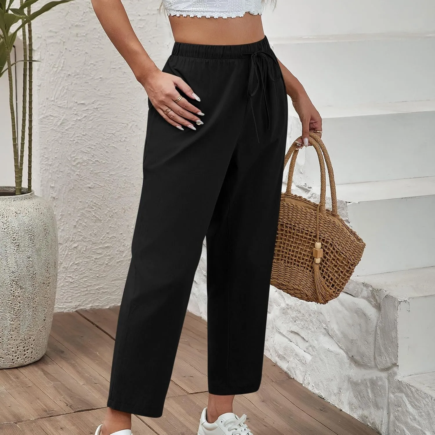 Lmdudan 2025 Women Casual Cotton Linen Pants Lightweight Summer Elastic Waist Beach Pants Plus Size Solid Lounge Long Trouser
