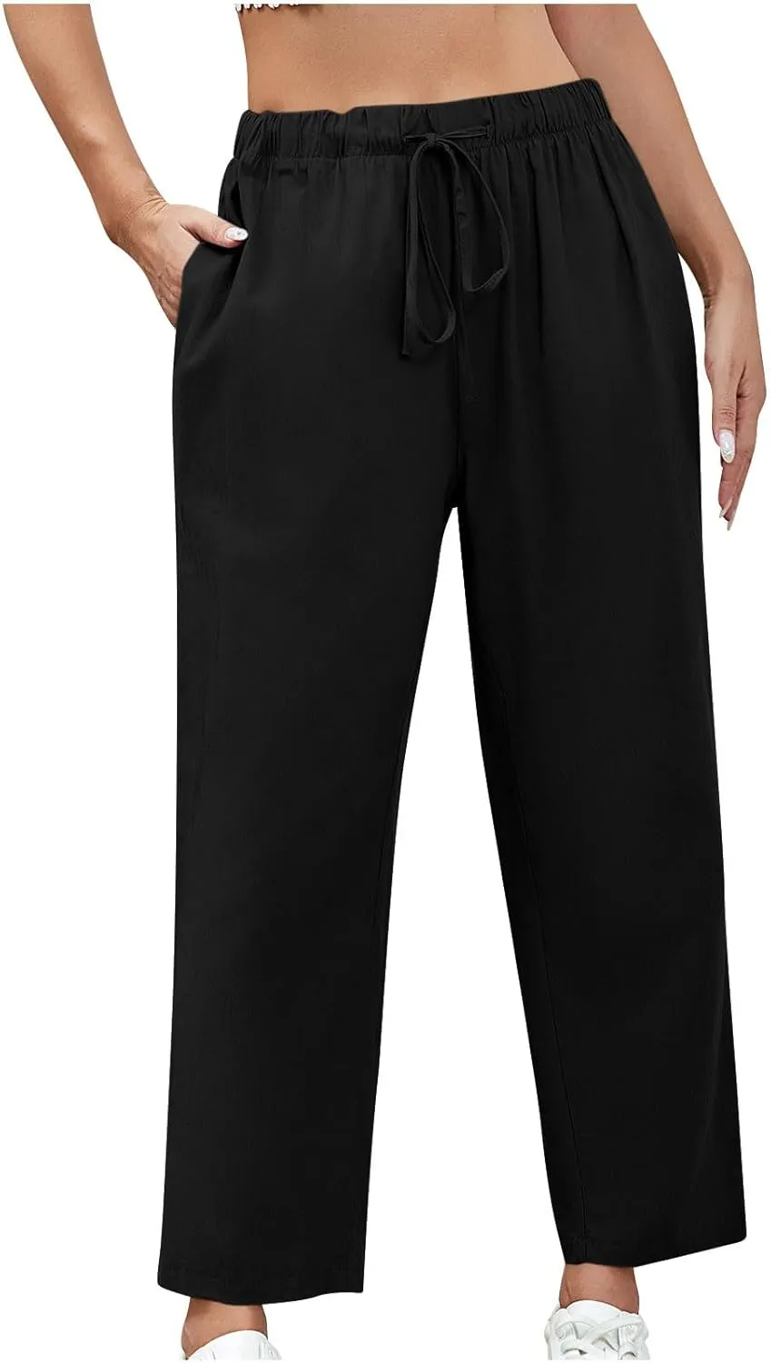 Lmdudan 2025 Women Casual Cotton Linen Pants Lightweight Summer Elastic Waist Beach Pants Plus Size Solid Lounge Long Trouser
